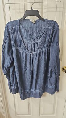 Cato Women's Plus Blue Boho Peasant Top/Crochet Lace Bell Sleeve Size 22/24W